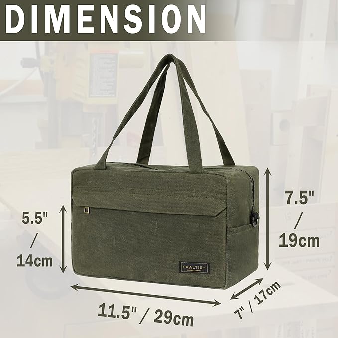 16OZ Waxed Canvas Tool Storage Bag, Heavy Duty Hand Tools Organizer with Hidden Zipper Pocket & 4 Internal Slots & Carrying Handle | Army Green | Multi-Purpose Tool Bag for Mechanic Electrics - S