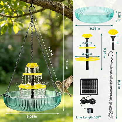 3-Tier Hanging Solar Bird Bath Fountain, Solar Pump Cascading Water Feeder with 16.4FT Extra Long Cord, Large Bird Bowl for Hummingbirds Wild Birds (1pcs-Solar Bird Bath Fountain)