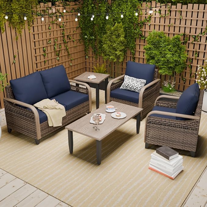 COOS BAY Modern Wicker Outdoor Furniture Set, Patio Conversation Set with Patio Chairs, 2 Seat Loveseat, Coffee Table and Side Table, 5 Piece, Brown/Blue