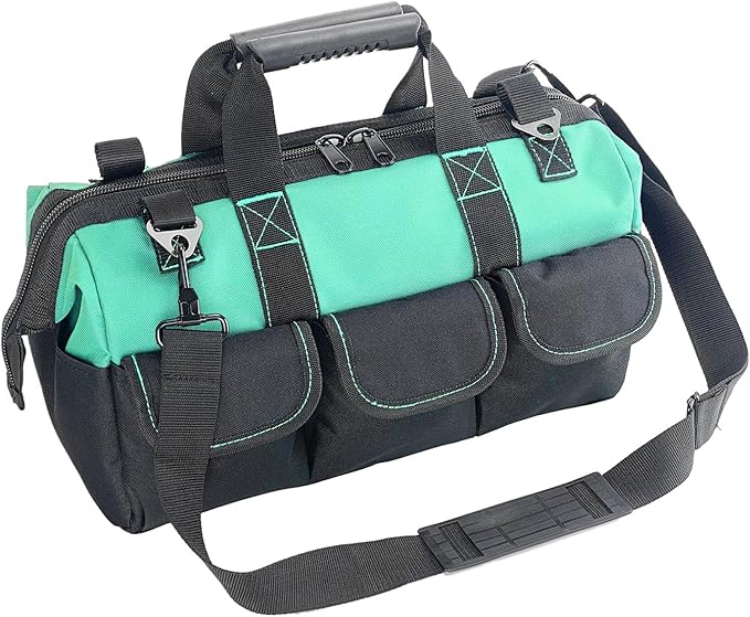 Women Garden Tools Bag 16inch Wide Mouth Tool Bag with Molded Base and Plastic-Padded, Inside Pockets for Tool Storage and Organization,600D polyester fabric (Teal color)