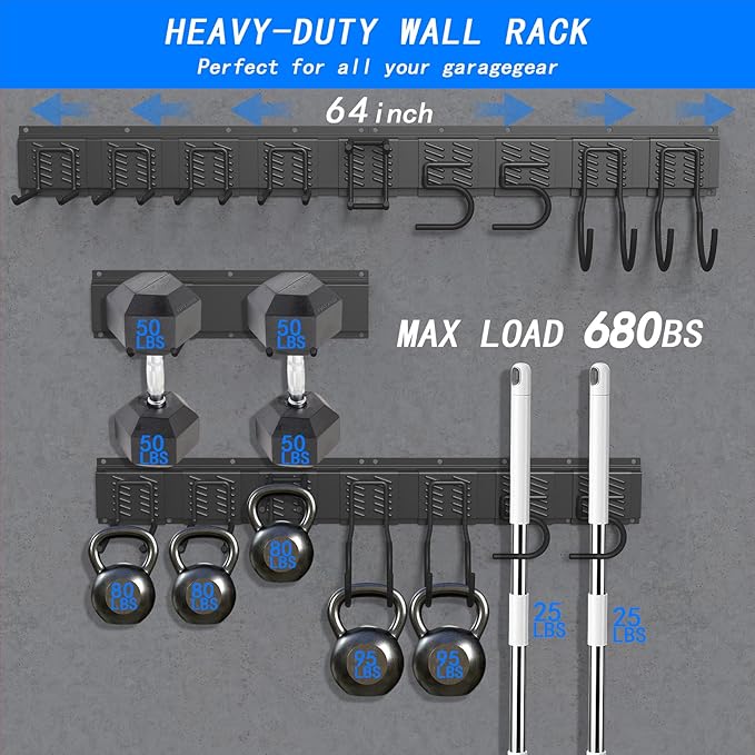 CBWLWJ Garage Tool Organizer Wall Mount, 64 inch Garage Wall Organizer, 680lbs Sturdy Garden Tool Organizer with 9 Adjustable Hooks, for Yard, Shed, Basement, Workshop(Black)