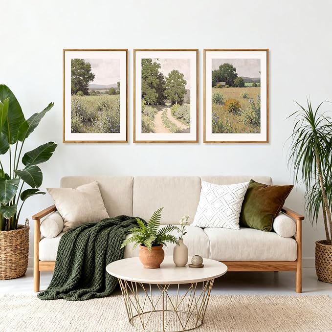 CHDITB Farmhouse Countryside Framed Canvas Wall Art, Rustic Nature Landscape Wall Decor, Vintage Pastoral Scenery Painting, Rural Meadow Path Artwork for Living Room, Bedroom, Office 24"x36"x3