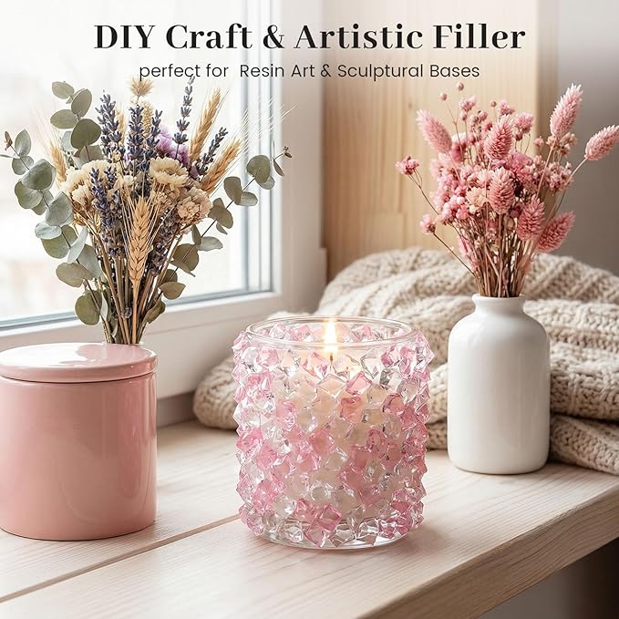 DomeStar Fake Ice, 150PCS Acrylic Fake Diamonds Vase Fillers Pink and Transparent Rocks Plastic Gems for Party Table Scatter Decor