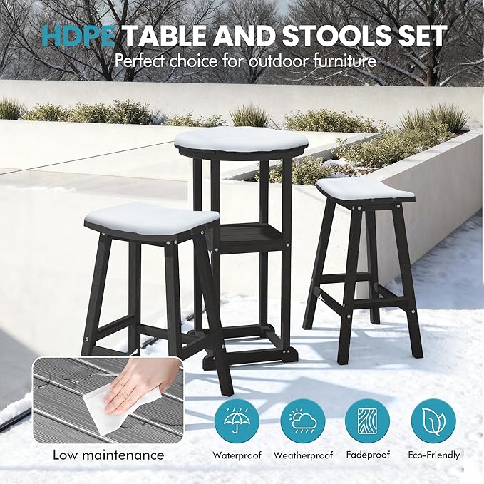 Ciokea Balcony Table and Stools 3 Pieces Set, Outdoor High Top Bar Set, HDPE 29" Bar Stools Set of 2 and Round Table for Outside Dining Bistro Poolside Backyard, Black