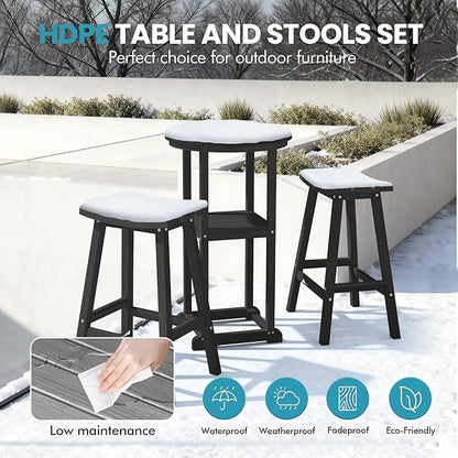 Ciokea Balcony Table and Stools 3 Pieces Set, Outdoor High Top Bar Set, HDPE 29" Bar Stools Set of 2 and Round Table for Outside Dining Bistro Poolside Backyard, Black