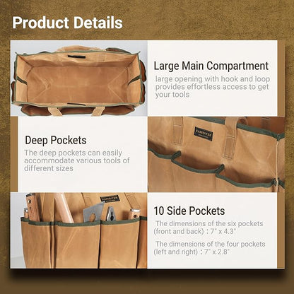 Heavy Duty 14 Inch Tool Bag Organizer with Durable Handle, Portable Canvas Toolbox, Multi-Pockets Canvas Bag Pottery Equipment Tote, Khaki