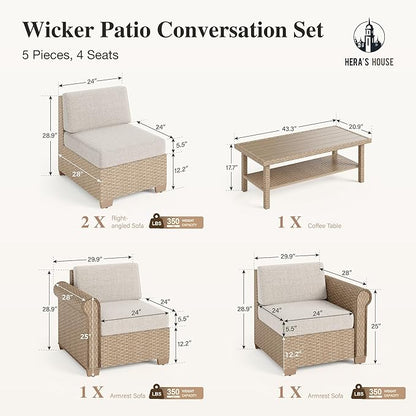 HERA'S HOUSE Patio Furniture Set, All Weather 4 Seats Outdoor Sectional Wicker Sofa with 44" Coffee Table, 5.5" Thick Waterproof Cushion Modular Conversation 5 Pieces Sofa Set for Garden Deck Backyard