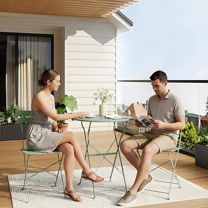 3-Piece Folding Bistro Set, Outdoor Patio Furniture Set with 2 Chairs & 1 Table, Space-Saving Foldable Balcony Garden Set with Heavy-Duty Powder-Coated Steel Frame, No Assembly Required, Green