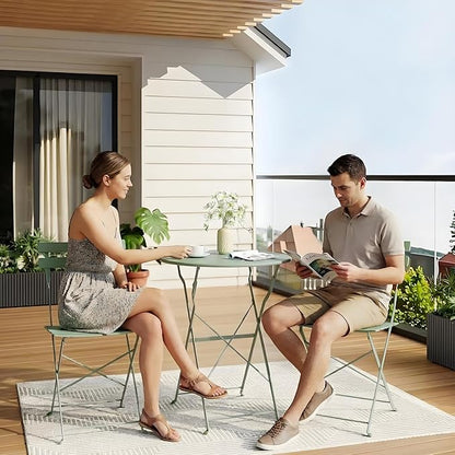 3-Piece Folding Bistro Set, Outdoor Patio Furniture Set with 2 Chairs & 1 Table, Space-Saving Foldable Balcony Garden Set with Heavy-Duty Powder-Coated Steel Frame, No Assembly Required, Green