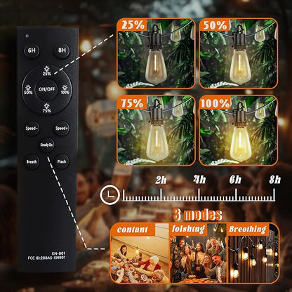 Outdoor Solar Waterproof Light String, 100FT Wire and 50 shatterproof Bulbs, dimmable Light Cannon with Remote Control, Suitable for Courtyard, Terrace, Balcony, Party Decoration Lighting