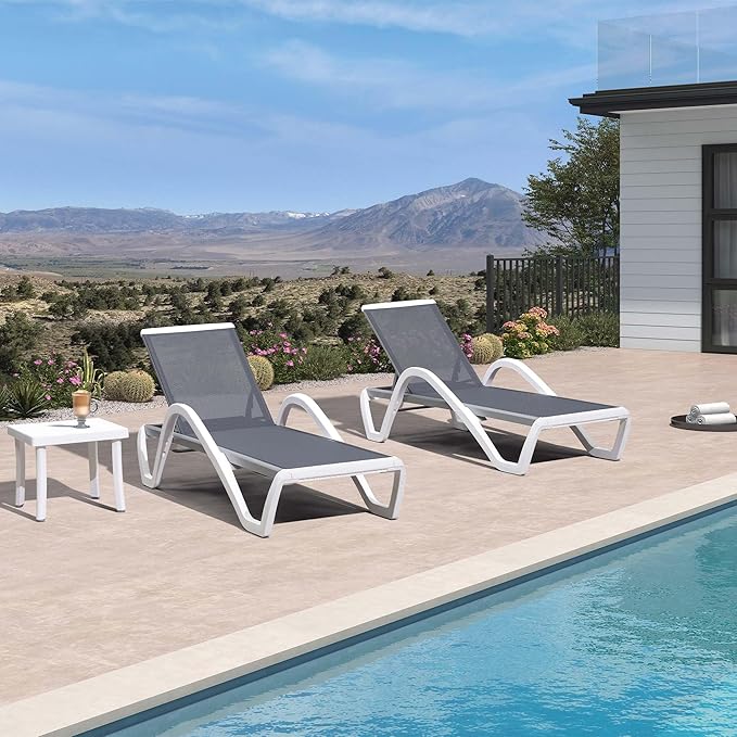 PURPLE LEAF Patio Chaise Lounge Chair Set of 3 Outside Aluminum Plastic Stackable Tanning Chairs with Armrests and Side Table for Pool Sunbathing Beach Deck Outdoor Lounger, Light Gray