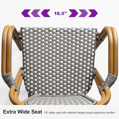 PURPLE LEAF French Bistro Chairs Set of 2 Aluminum Hand-Woven Rattan Wicker Dining Chairs with Arms for Outdoor Porch Garden Bamboo Print Finish Grey