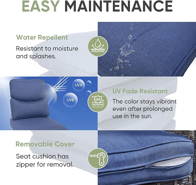 Outdoor Chair Cushion Set of 3, Waterproof Outdoor Seat Cushions 25x22, Patio Chair Cushions for Outdoor Furniture, Couch Cushion Replacement, Include 3 Back & 3 Seat Cushions, Smile/Blue