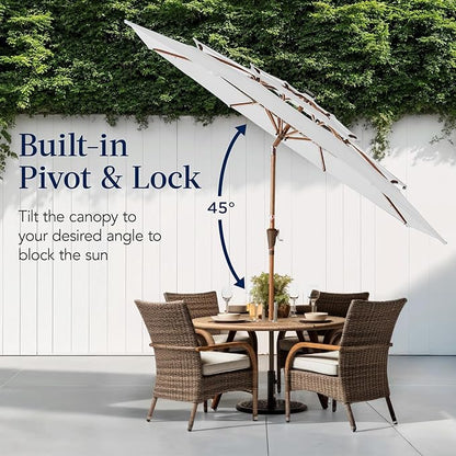 Best Choice Products 10ft 3-Tier Solar Patio Market Umbrella, Outdoor Sun Shade for Backyard, Deck, Poolside, Table w/Woodgrain Pattern, LED Lights, Tilt Adjustment - Fog Gray