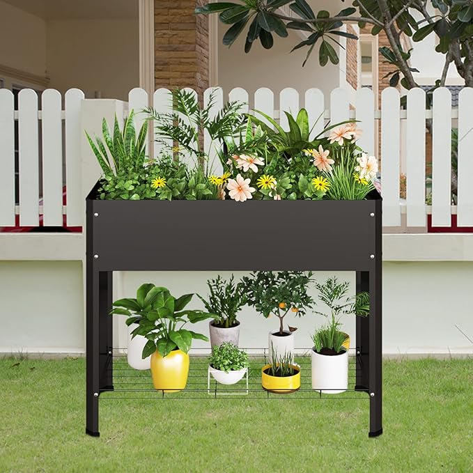 Raised Garden Bed with Detachable Legs Elevated Metal Planter Box for Growing Fresh Herbs Vegetables Flowers Succulents&Other Plants for Outdoor Backyard Patio Deck Balcony Black L