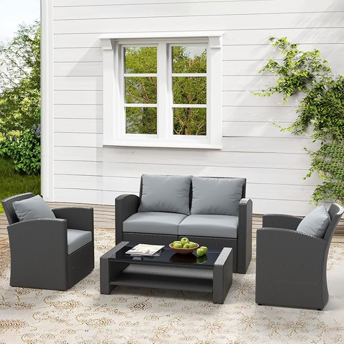 4 Piece Patio Furniture Set,Outside Rattan Sectional Sofa,Wicker Conversation Set with Cushion and Glass Coffee Table,Wicker Sofa Ideal for Garden,Porch,Grey