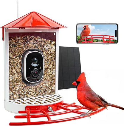 Smart Bird Feeder with Camera Solar, Auto Capture Bird Videos & Motion Detection, Birds Watching Camera Notify in Time, Metal Birds Feeder with Seed Guard, Ideal Present for Mom (Red)
