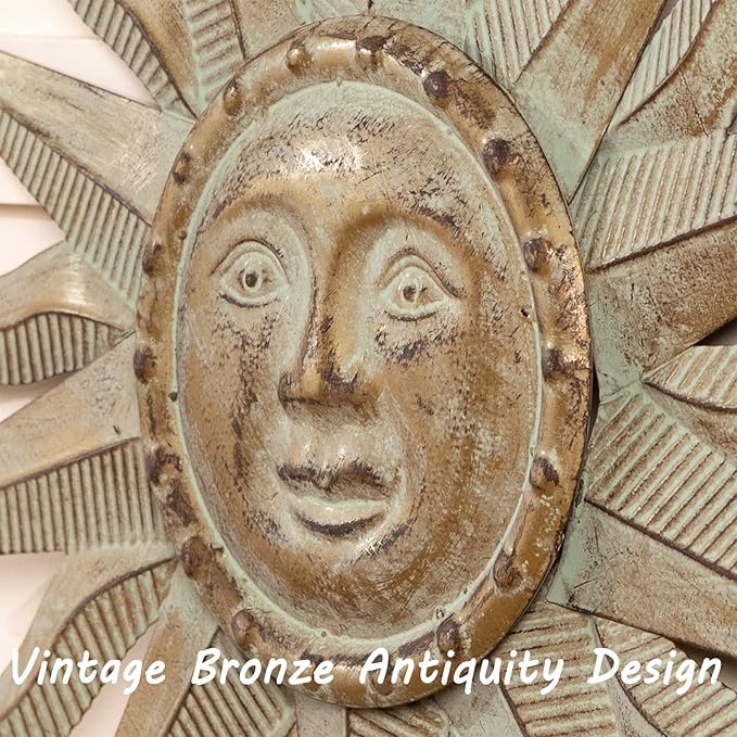 TICKCACY Metal Sun Wall Art Decor Sculpture, 3D Sun Wall Art Decoration Hanging for Outdoor Indoor Garden Farmhouse Yard Patio Living Room Bedroom, 21.65 Inch, Green-gold