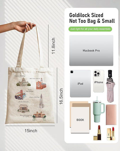 Double-Sided Canvas Tote Bag for Women with Magnetic Snap, Wide Strap & Inner Pocket for Work, Shopping, Travel