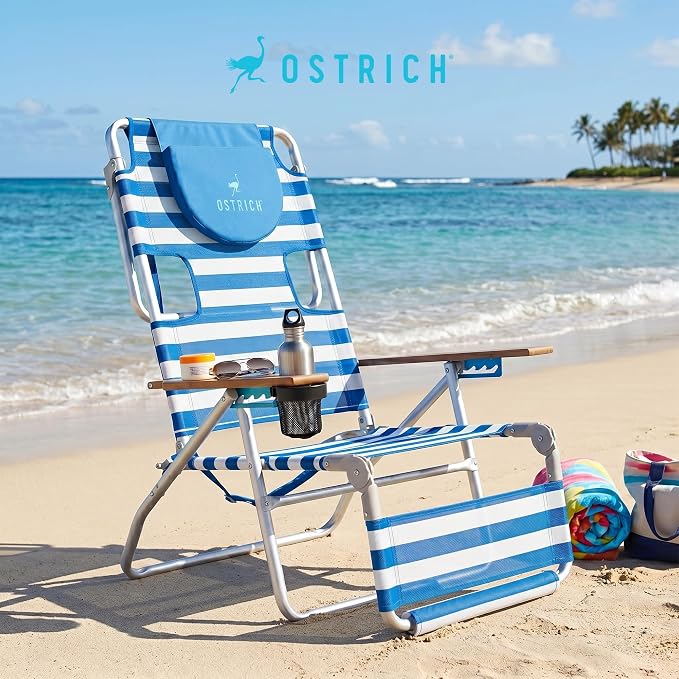 Ostrich the Original 3N1 Lightweight Beach Reclining Lounge Chair with Footrest, Outdoor Furniture for Patio, Balcony, Backyard, or Porch, Blue Stripe