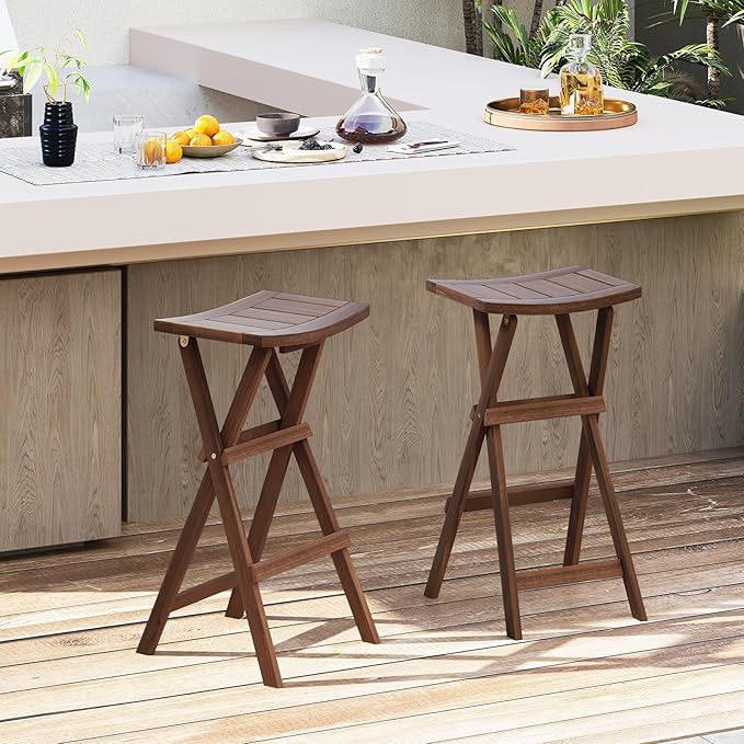 COSTWAY Folding Wooden Bar Stools Set of 4, 30-inch Height Backless Saddle Stools with Footrest, Foldable Chairs for Kitchen Island, Counter, Patio, Indoor & Outdoor, No Assembly Required, Teak