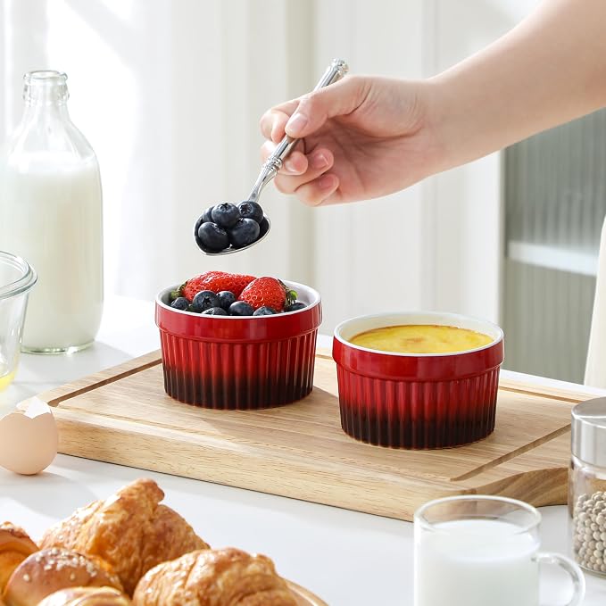 MALACASA Ramekins 6 oz Oven Safe, Small Ceramic Souffle Dishes for Creme Brulee Souffle, Stoneware Custard Cups Ramiken for Baking, Dessert Bowls Dipping Sauce Dish Set of 6, Red, Series RAMEKIN-DISH