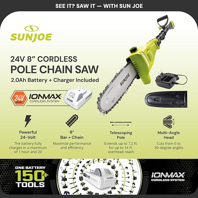 Sun Joe Cordless Pole Chainsaw Machine, Electric Telescoping Trimmer, Extendable Up to 7.2 Ft - Heavy-Duty Trimming Equipment for Tree Trunks, Limbs, Logs, Brush, and Branches, 24V-PS8-LTE