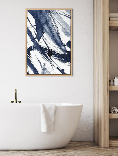 Kate and Laurel Sylvie Indigo Watercolor Framed Canvas Wall Art by Amy Peterson Art Studio; 23x33 Natural; Decorative Abstract Art Print for Wall