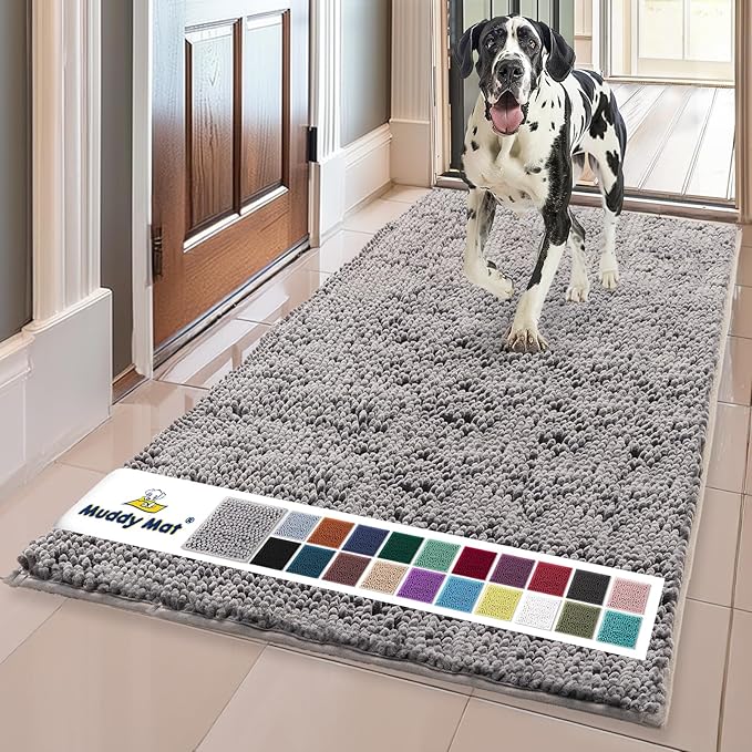 Muddy Mat® | Super Water Absorbent Door Mat Indoor, Microfiber Quick Dry Chenille Entryway Rug, Slip Resistant Front Door Mat, Indoor Mats for Entryway, Machine Washable Pet Rug, Grey 3ft x 8ft