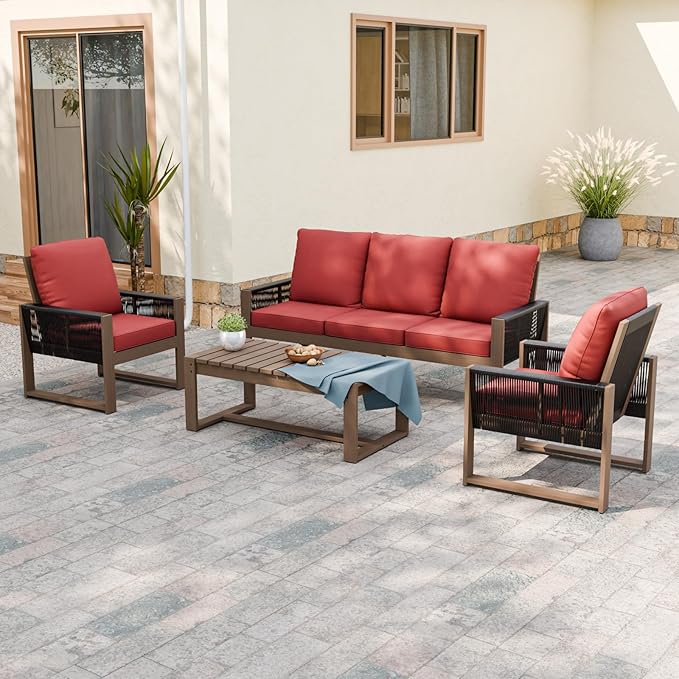 Rustic Hideaway Natural Cedar Wood Outdoor Furniture Set, Wicker Patio Conversation Set for Porch Garden Backyard, Couch, 2 Patio Chairs and Coffee Table, 4 Piece, Brownish/Red