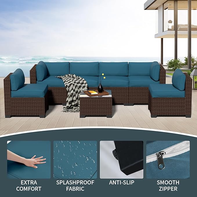 7-Piece Outdoor Sectional Patio Furniture Set, All-Weather Wicker Rattan Sofa w/Thick Washable Cushions & Tempered Glass Table, Perfect for Garden, Poolside, Backyard (7, Brown&Peacock Blue)