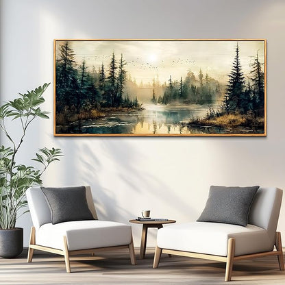 FUHAIHUA Wood Framed Large Wall Decor For Living Room Canvas Wall Art For Office Farmhouse Wall Decorations For Bedroom Forest River Landscape Paintings Modern Pictures Artwork Room Home Decor 32x72 In
