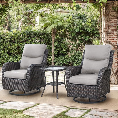 Patio Swivel Chairs with Smile-Shaped Cushions, 3 Piece High Back Patio Swivel Glider Chairs with Side Table 3PCS PE Rattan Luxury Patio Conversation Set Brown Wicker | Beige Cushions