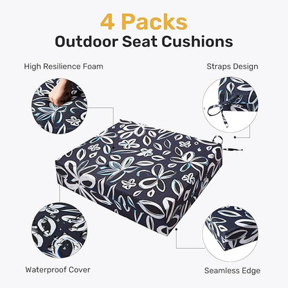 UNIKOME Outdoor Chair Cushions Pack of 4, Water Resistant Patio Cushions with Ties, High Density Sponge Filling Square Corner Seat Cushions for Outdoor Furniture, 24"*24"*4", Navy/White