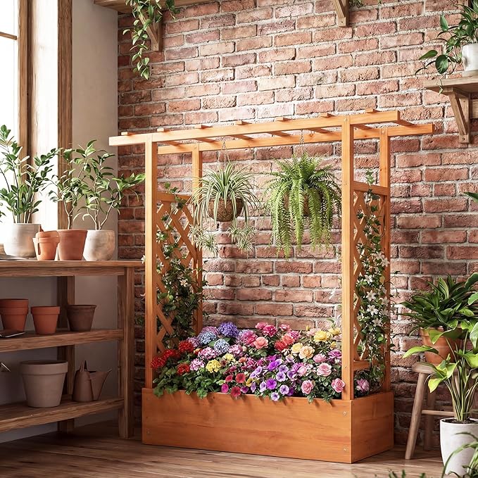 S AFSTAR Raised Garden Bed with Trellis, 2-in-1 Fir Wood Planter Box with Flat Roof & Drainage Holes, Vertical Planter Raised Bed for Climbing Plants, Flowers & Vegetables, 43" x 14" x 45" (Orange)
