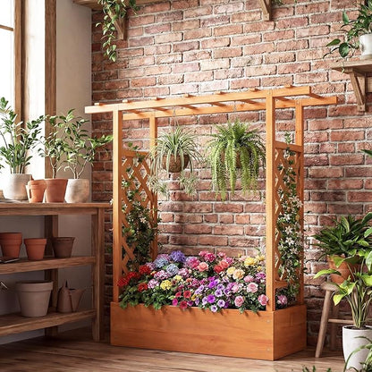 S AFSTAR Raised Garden Bed with Trellis, 2-in-1 Fir Wood Planter Box with Flat Roof & Drainage Holes, Vertical Planter Raised Bed for Climbing Plants, Flowers & Vegetables, 43" x 14" x 45" (Orange)