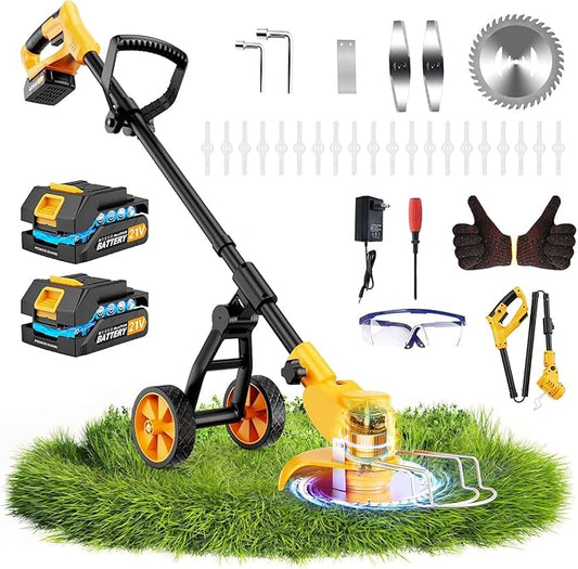 Electric Weed Wacker Cordless with Wheels,Electric Weed Eater Battery Powered 4000mAh,4 in 1 Grass Trimmer/Brush Cutter/Grass Edger/Small Lawn Mower,No String Trimmer with Blade, 2 Battery (Yellow)