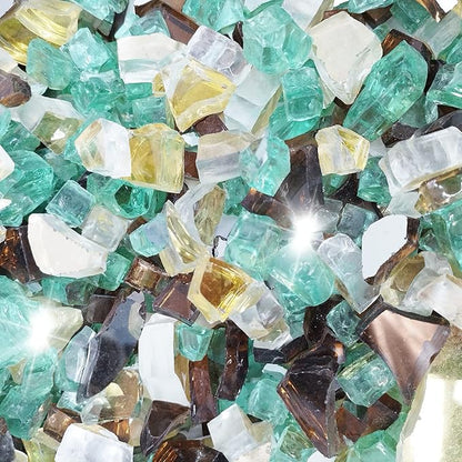 10 Pound 1/2 Inch Crushed Fire Glass for Natural or Propane Fire Pit Fireplace and Landscaping, 10 Pounds Golden,Copper, Light Green