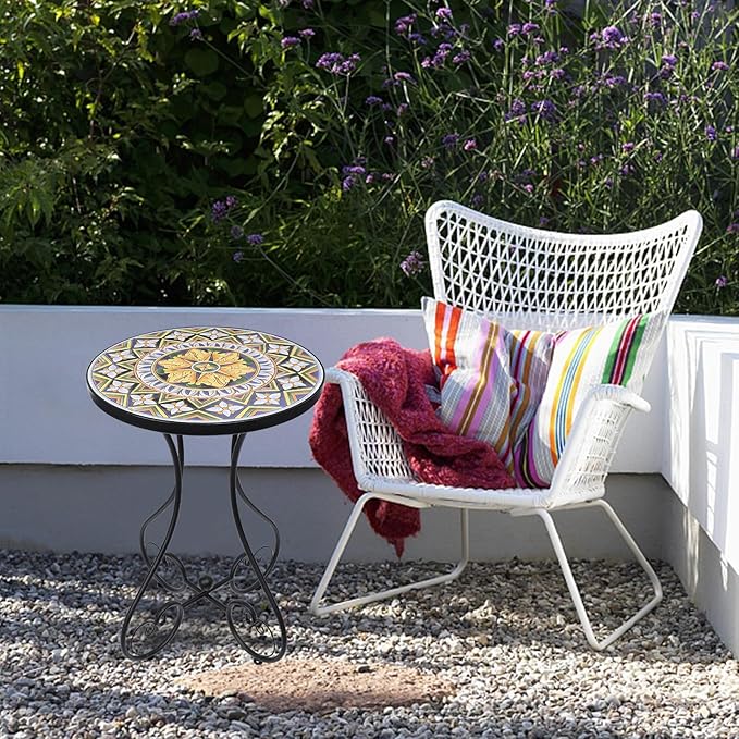 VCUTEKA Outdoor Side Table Mosaic Patio Table Accent Tables Mosaic Tile Top Metal Frame Small End Tables Porch Beach Patio Garden Balcony Yellow