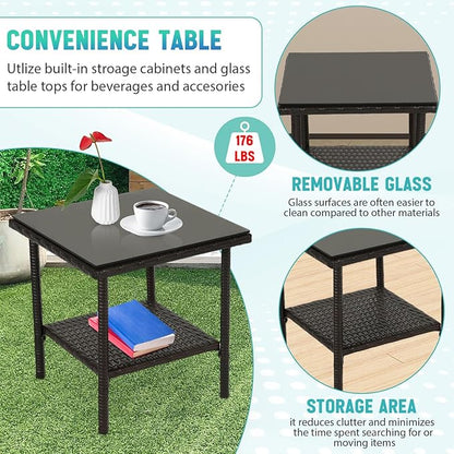 FDW Patio Bistro Conversation Set Wicker Furniture 2 Rattan Chairs Cushions and Glass Coffee Table for Porch Lawn Garden Balcony Backyard, 3 Pieces, Brown and Khaki