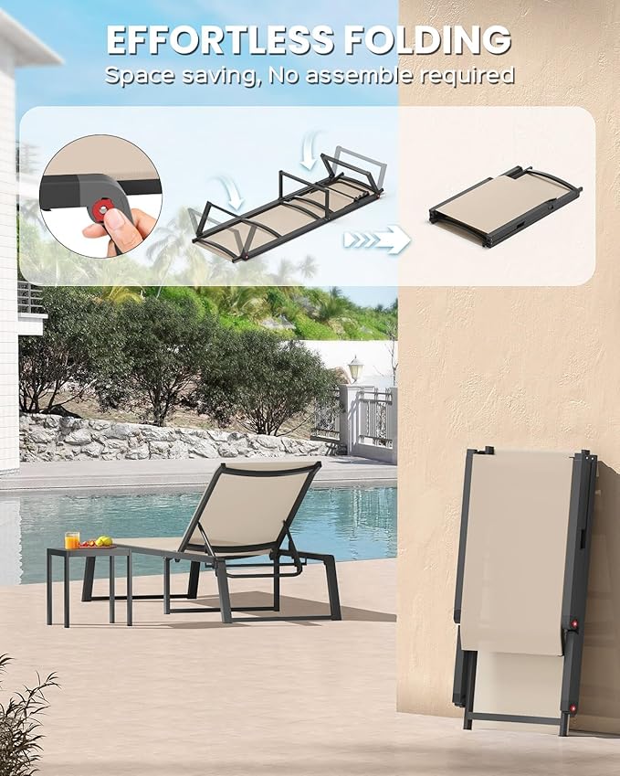 Aluminum Chaise Lounge Chair Outdoor, Foldable& No Assembly Patio Pool Lounge Chairs 5-Position Recliner for Outside, Fully Grounded Legs Sun Lounger for Poolside, 4 Packs, Khaki