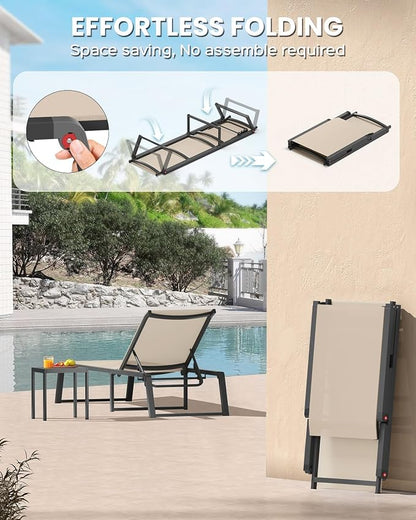Aluminum Chaise Lounge Chair Outdoor, Foldable& No Assembly Patio Pool Lounge Chairs 5-Position Recliner for Outside, Fully Grounded Legs Sun Lounger for Poolside, Khaki, 2 Pack