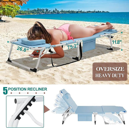 DoCred Heavy Duty XXL Tanning Chair with Face Hole&Mat, Oversized 5-Position Folding Chaise Lounge Chairs for Outside, Portable Beach Lounge Chair for Outdoor Sunbathing Beach Pool Lawn Camping