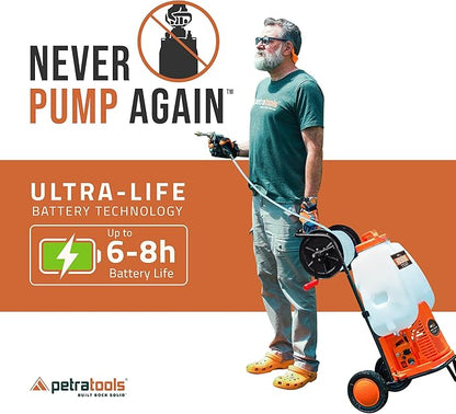 PetraTools Battery Backpack Sprayer with Custom Fitted Cart and 100 Foot Commercial Hose, 2 Hoses Included, Commercial Quality Heavy Duty Sprayer (HD5000 6.5-Gallon with Reel Cart)