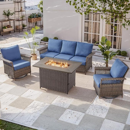 Patio Furniture Set with Fire Pit Table, 4PCS Patio Conversation Set Brown Resin Wicker Swivel Patio Chair and Sofa with 41in Rectangular Fire Table PE Rattan Patio Furniture Set