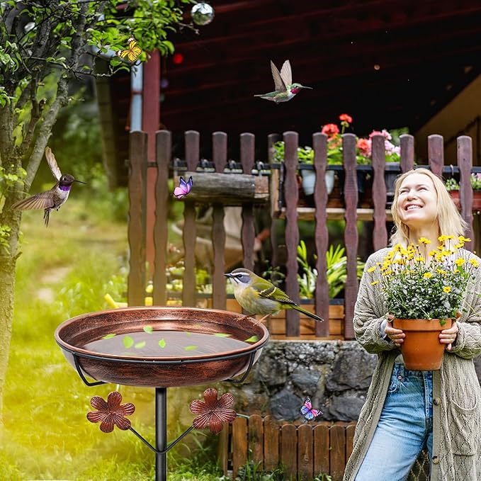Metal Bird Bath for Outside, Freestanding Birdbaths Bowl Outdoor with Iron Stake, Vintage Spa Birdfeeder Feeder Bowl for Garden Patio Yard Lawn Decor, Easy to Clean