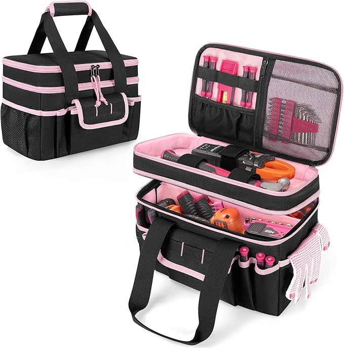 Tool Tote Bag for Women, Double Layer Tool Storage Organizer Bag with Divider for Electrician, Carpenters, Repairman, Black