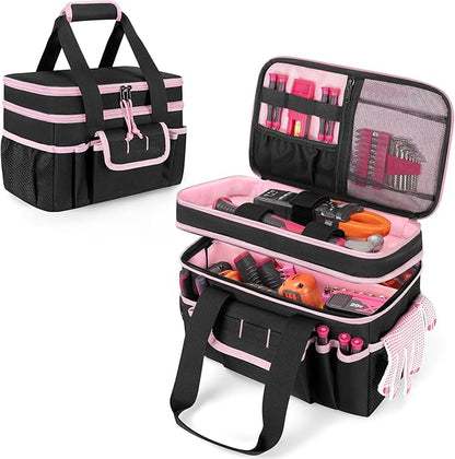 Tool Tote Bag for Women, Double Layer Tool Storage Organizer Bag with Divider for Electrician, Carpenters, Repairman, Black