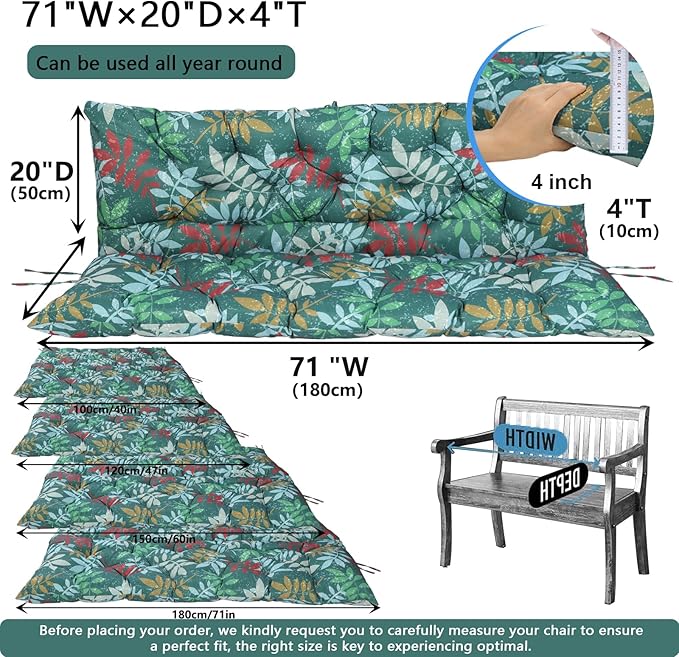 Outdoor Swing Cushions 3 Seater Waterproof, Replacement Bench Cushions for Outdoor Patio Furniture with Backrest, Porch Swing Cushion with Ties for Lawn and Garden (Green Flowers, 40x71in)