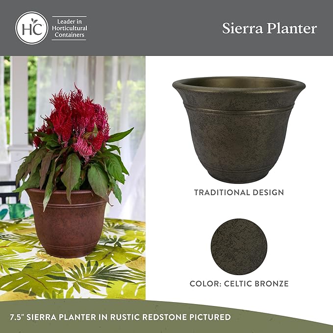 The HC Companies Sierra Round Self-Watering Pot - Lightweight Plastic Planter for Herbs & More - Durable Plant Pots for Indoor Plants & Outdoor Plants (16” Celtic Bronze, Pack of 1)